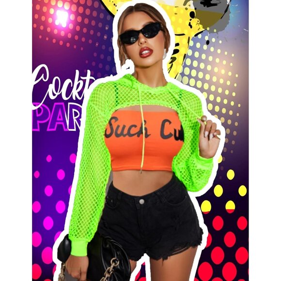 🆕Women’s Green Mesh Hoodie Crop Top Long Sleeve Fishnet Shirt Polyester - Picture 3 of 7